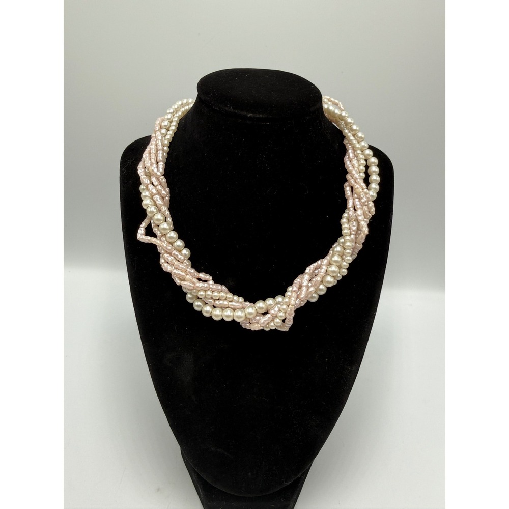 Vintage Multi Strand Pearl Torsade Necklace Pink Blush Cream Faux‎ Pearl 16 Inch